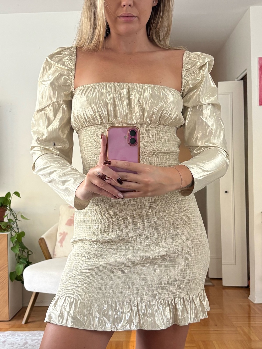 Aritzia Cream Smocked Mini Dress with Puff Long Sleeves